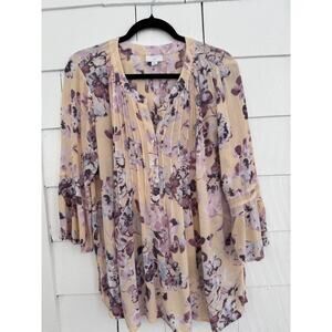 J. Jill Women's Large Petite Pintucked 3/4 Bell Sleeve Floral Tunic Cottagecore